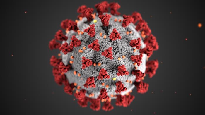 Image of the COVID-19 virus, white ball with red spikes